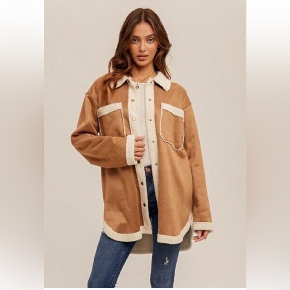 Hem & Thread Sherpa Lined Faux Suede Button Down Long Sleeve Shacket Size Large